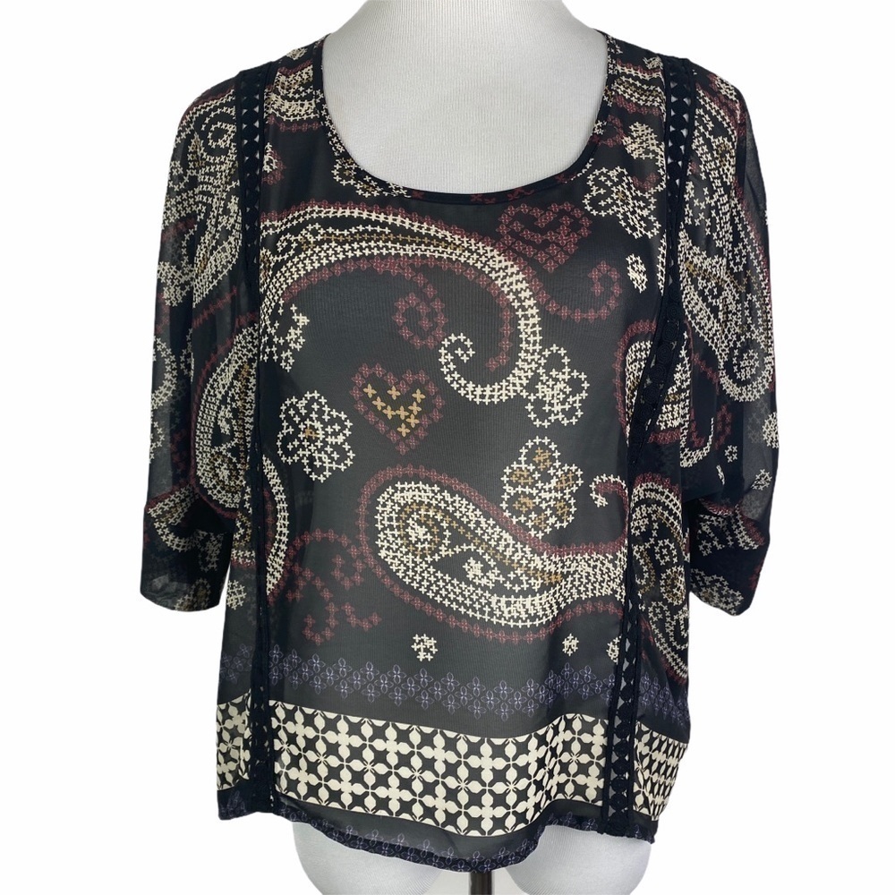 Design Lab‎ Paisley Print Dolman Sleeve Sheer Blouse Women's Large Black